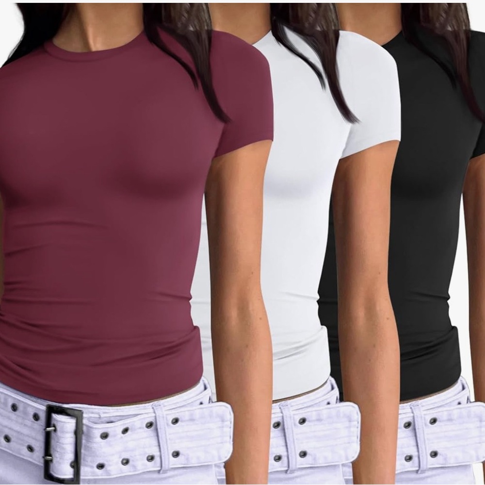 Black , White and Burgundy Fitted Crop Tops Short Sleeve